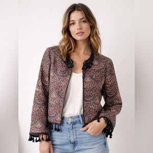 Chelsea & Violet Metallic Jacquard Tassel Fringe Boho Jacket XS Festival